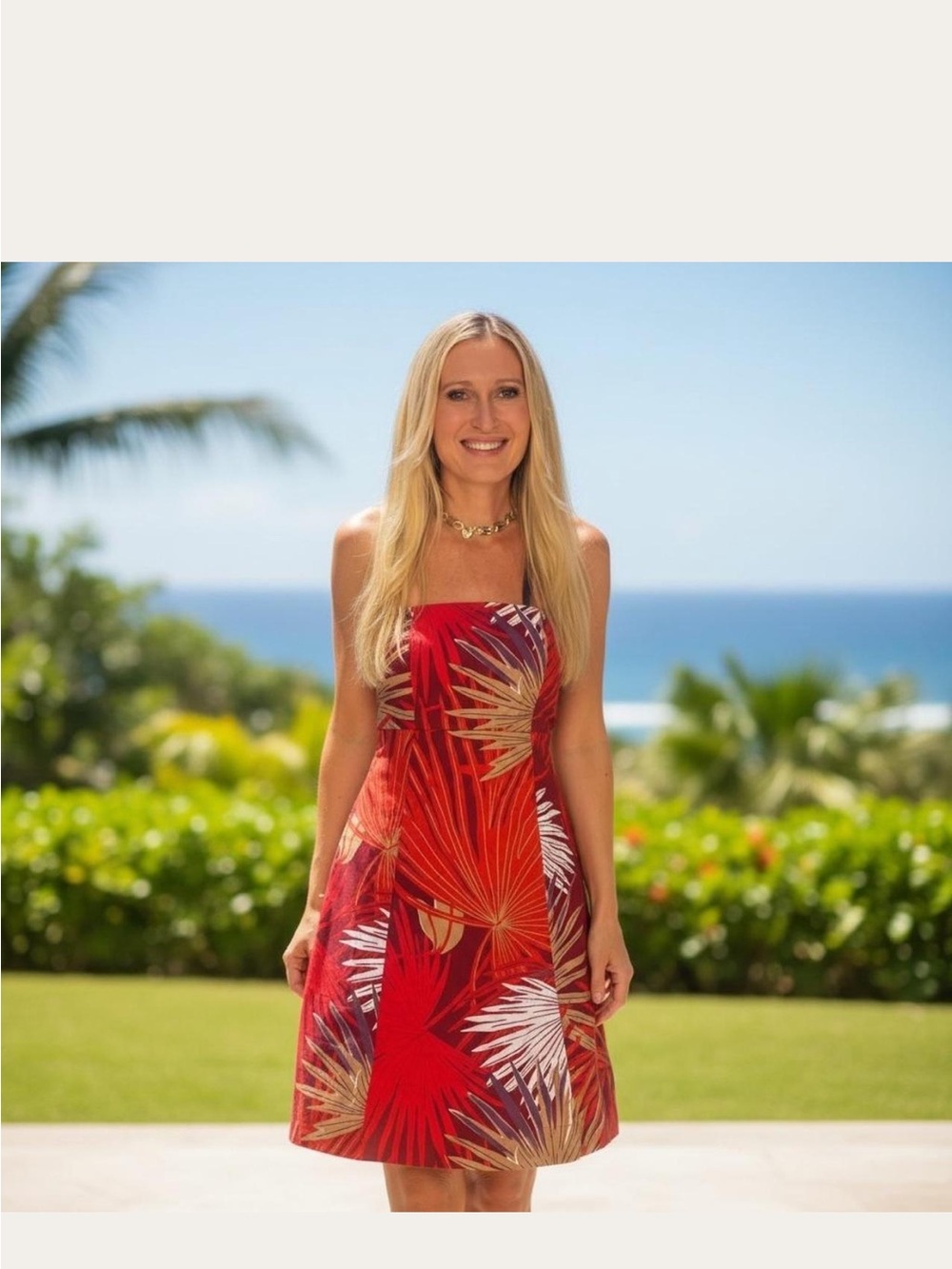 GAP Strapless Red Tropical Palm-Print Sundress